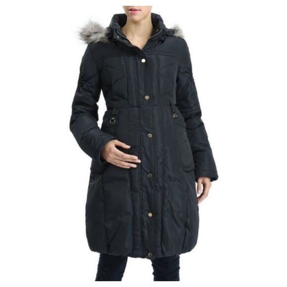 Kimi + Kai Maternity Black Long Down Fill Puffer Coat Jacket Women's Small - Picture 1 of 11